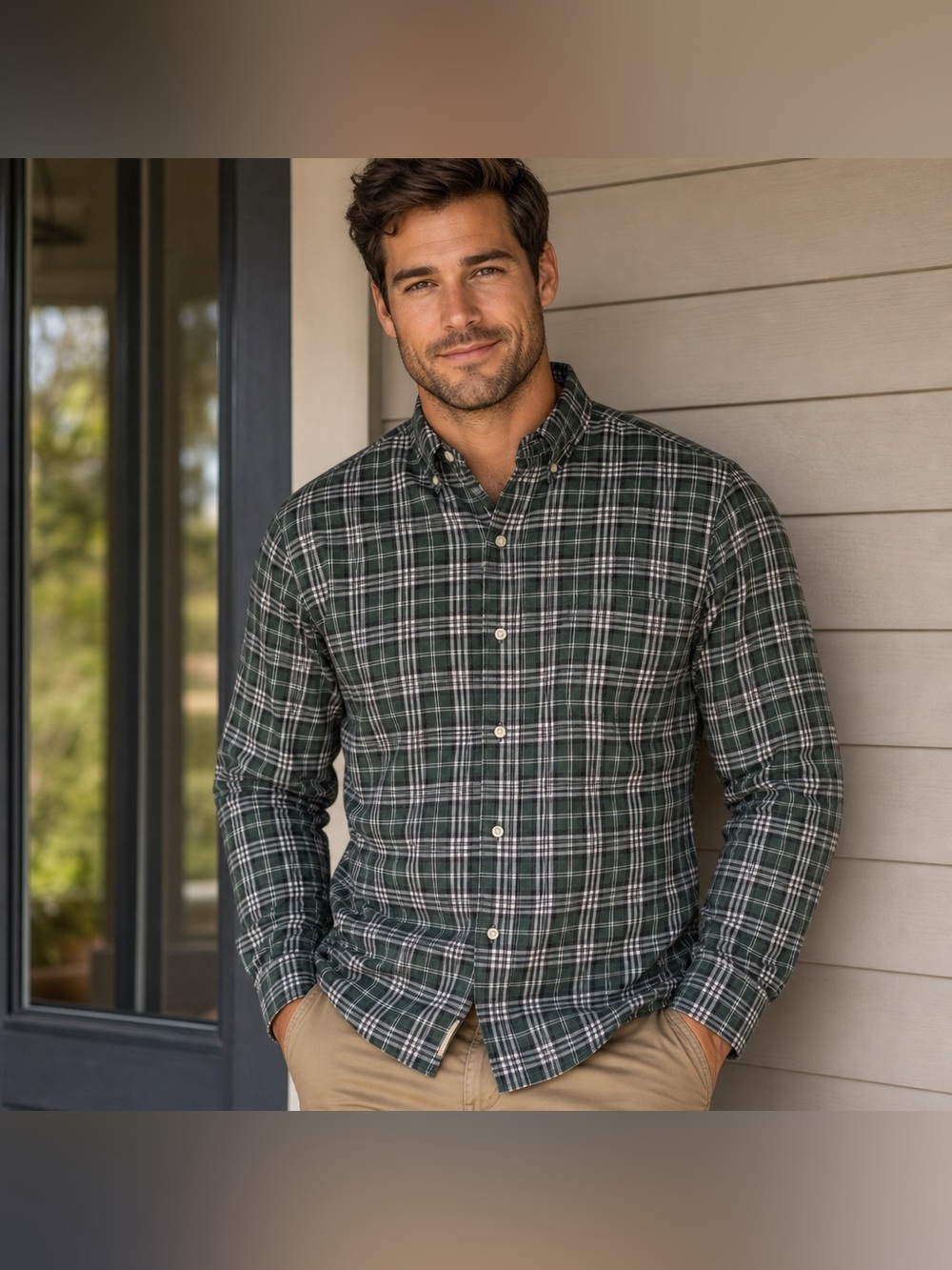 Beretta 100% Cotton Shirt Mens XXL Plaid Button Up Long Sleeve White Green Navy